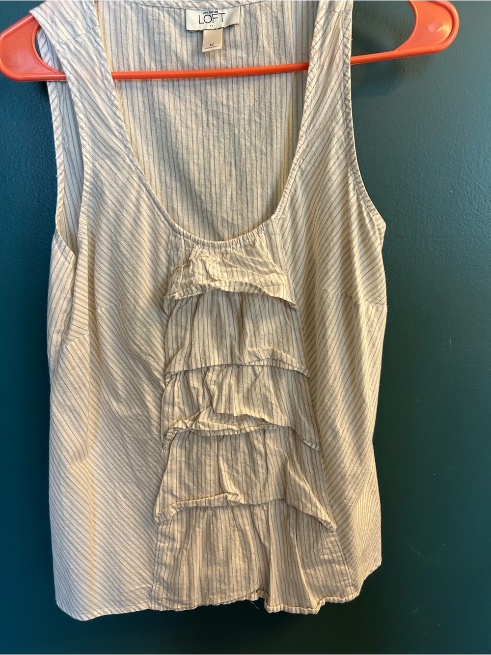 LOFT Cream and Light Gray Striped Ruffle Front Tank